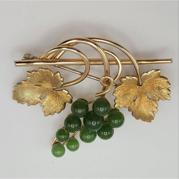VINTAGE 14k overlay Krementz Brooch Pin, Jade 1940's - Picture 9 of 9